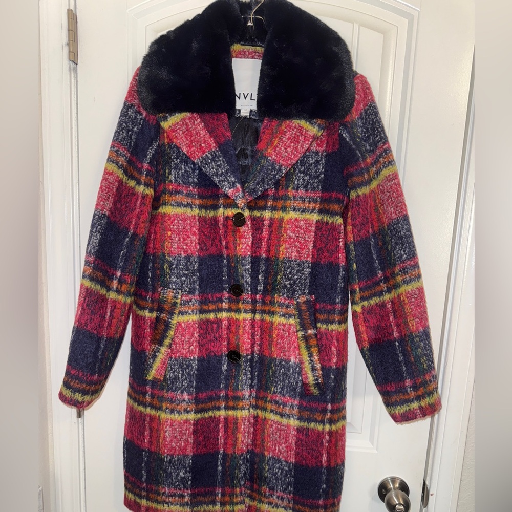 Anthropology NVLT Navy and Red Plaid Coat with Faux fur Collar new! - Picture 9 of 13